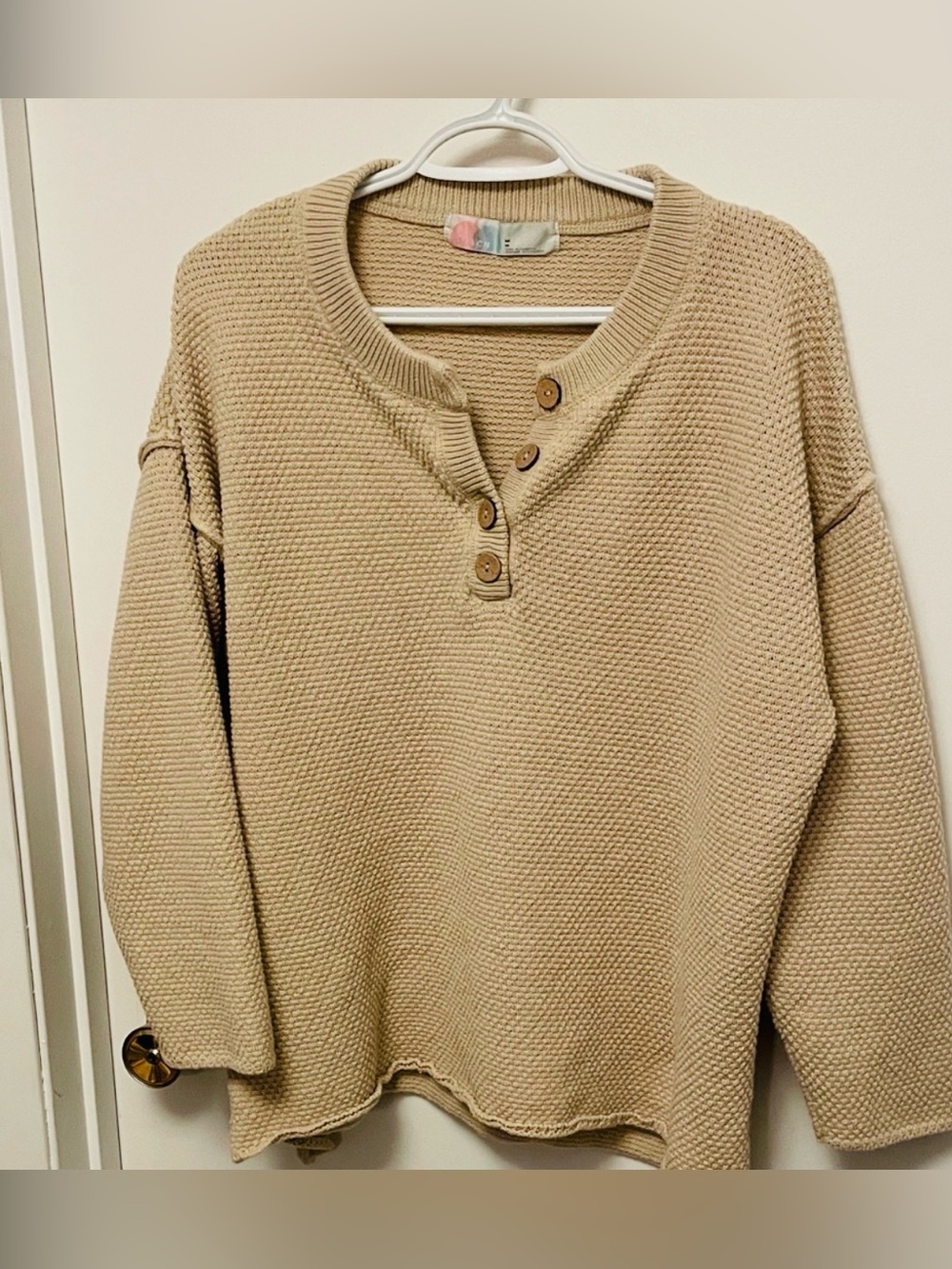 Free People Hailee Knit Cream Tan Waffle Knit Henley Sweater Set M - Picture 12 of 16